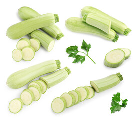 Fresh ripe zucchini with parsley isolated on white, collage