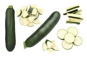 Fresh ripe zucchini isolated on white, collage. Top view