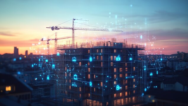 Construction site with a building and cranes at dusk, overlaid with digital data and security icons