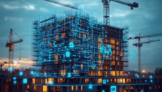 A futuristic building under construction, overlaid with glowing digital blueprints, illuminated by cranes and city lights