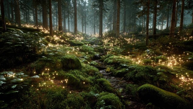 Misty forest path, glowing flora