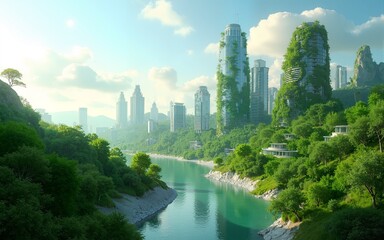 Obraz premium Innovative sustainable urban landscape concept integrating green architecture and Eco friendly futuristic planning for a modern cityscape. Image of green city. copy space for text. High quality
