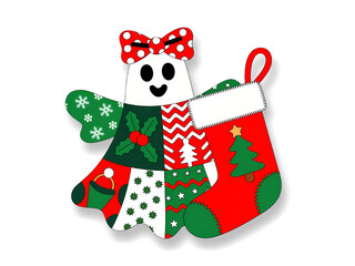 This friendly spirit is ready for the holidays, adorned with a bow and holding a festive stocking.