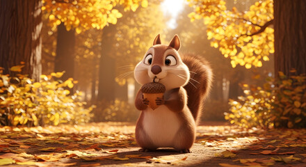 Whimsical woodland scene featuring an endearing squirrel holding a precious acorn amidst a vibrant autumnal landscape filled with golden light and fallen leaves in a colorful forest