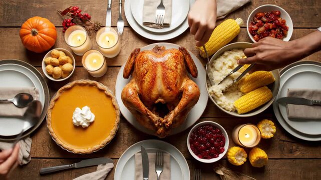 Rustic Thanksgiving Dinner Table with Roasted Turkey, Family Feast, and Warm Candlelight in 4K UHD