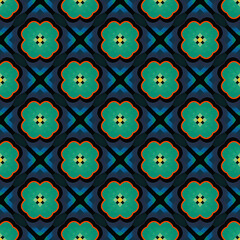 Versatile asset for print and web projects, Stylish and elegant geometric pattern with a seamless abstract floral design, Eye-catching color combination of green, orange, and deep blue, 3600x3600 px 
