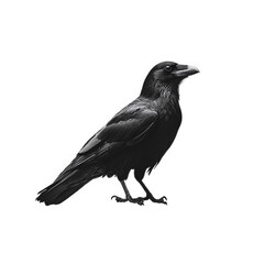 A black raven bird standing on its feet, isolated on transparent background