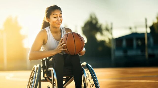 A vibrant video still of a woman in a wheelchair holding a basketball, captured at a low angle with warm sunset lighting, conveying joy and empowerment.
