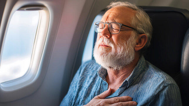 Senior man passenger was suffering from painful chest pain from a chronic disease, while sitting in a seat in airplane near windows