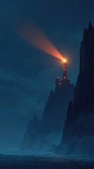 A lone lighthouse, perched atop dramatic, dark cliffs, emits a radiant beam across a misty, nocturnal seascape