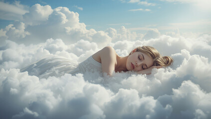 Beautiful Woman Sleeping on Fluffy White Clouds in Dreamy Sky Fantasy Scene