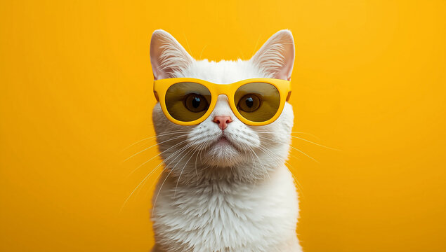 ool White Cat Wearing Yellow Sunglasses on Bright Orange Background