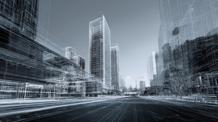 Urban skyline in a futuristic architectural sketch style at sunset
