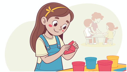 Girl Playing with Shapes and Clay in a Classroom Setting.