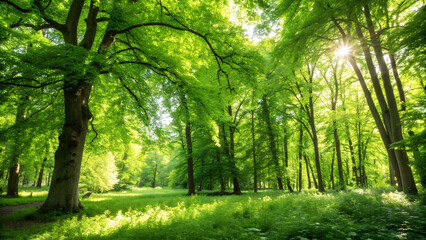 Obraz premium Beautiful magical sunrise in the forest. 