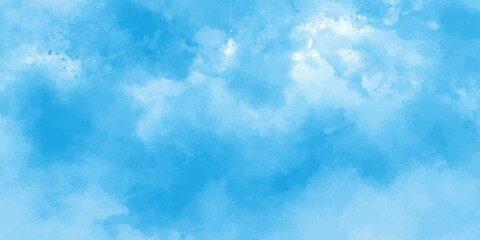 Abstract sky blue watercolor background with fluffy clouds. Artistic watercolor painted cloudy background with soft sky blue effect. Hand painted colorful design.