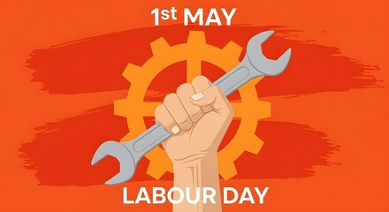 Hand holding a wrench with a gear in the background, celebrating may 1st labour day