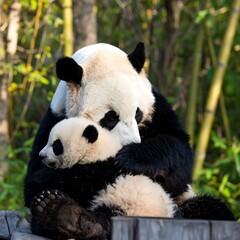 Naklejka premium Panda Mother and Cub Embrace