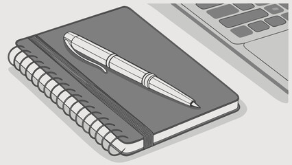 Naklejka premium Gray SpiralBound Notebook with Pen Resting on Top.