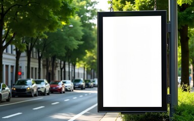 Hanging posters by the road in the city; blank vertical advertising banners on street lampposts, against lush green trees and plants. For OOH out of home template mock up. High quality