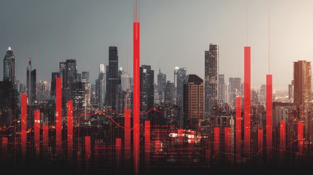 Urban skyline highlighted by digital data visualization at dusk