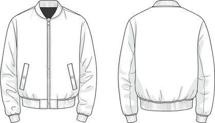 Bomber Jacket Flat Vector Illustration – Fashion Outerwear with Zip-Up Design, Ribbed Cuffs, Front and Back Views, Technical CAD Garment Template for Casual Wear