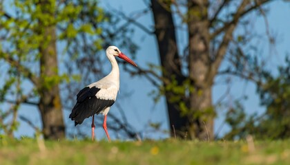 White stork standing on a grassy bank.