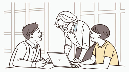 Happy Teacher and Two Students Working Together on Laptop.