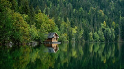 Obraz premium Rustic cabin in tranquil lake surrounded by lush forest in morning light