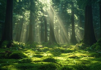 Obraz premium Sunlight pierces the canopy, illuminating mossy forest floor and towering trees creating a serene, ethereal scene