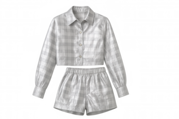 Silver checkered shirt pairing with matching shorts, reflecting contemporary summer style against transparent backdrop