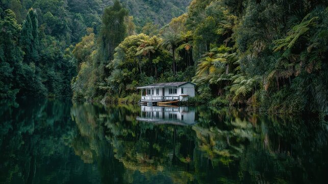 Tranquil lakeside retreat surrounded by lush greenery in a serene setting - Powered by Adobe