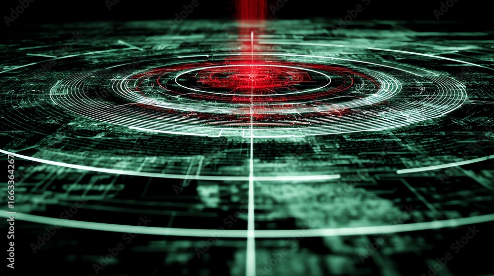 Poster an abstract digital composition depicts concentric circles of glowing lines, primarily in shades of 