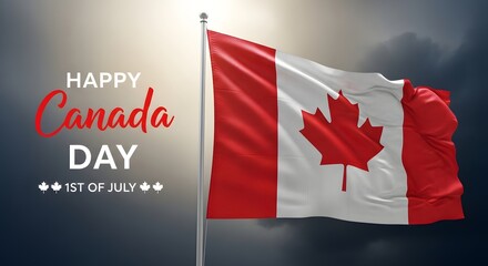 Happy canada day greeting with the canadian flag waving proudly on a flagpole against a dramatic cloudy sky, celebrating the national holiday on july 1st