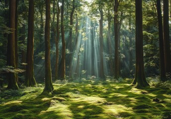 Sunbeams pierce a dense forest canopy, illuminating the mossy undergrowth and towering trees in a serene, natural setting