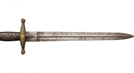 An antique, double-edged sword, meticulously crafted with intricate details, showcasing a long, slender blade and a crossguard, isolated against a plain white background.