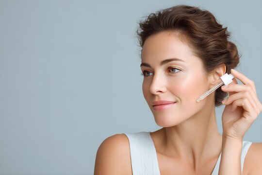 Radiant woman applying serum for glowing skin and healthy, youthful complexion