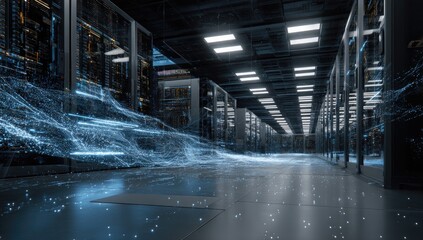 Modern server room with digital overlay