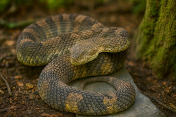 Fototapeta premium AI-generated image of a coiled rattlesnake resting on the forest floor, its patterned scales highlighted in earthy tones of brown and gray