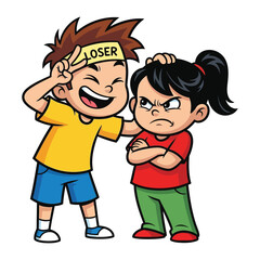Playful Teasing: A cartoon illustration of a boy playfully teasing a disgruntled girl, with the word loser on his forehead, highlighting the lighthearted nature of their interaction.