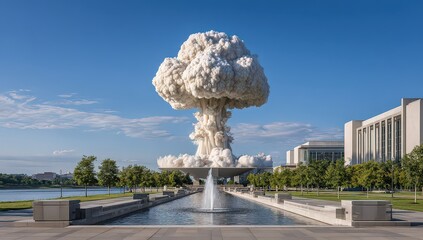 Cloud Shaped Fountain With Bomb Sculpture In City Park