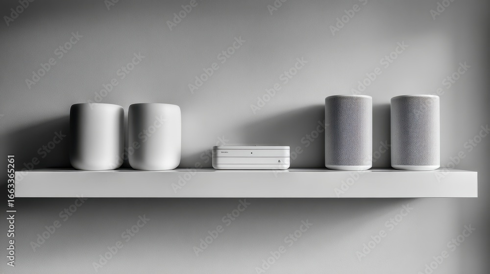 Poster modern shelf displaying various speakers and a media player in neutral tones