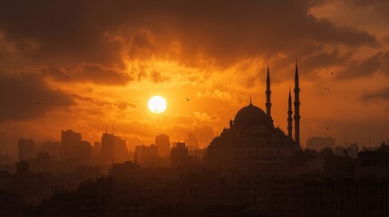 Majestic sunset over the skyline of a bustling city with a mosque silhouette