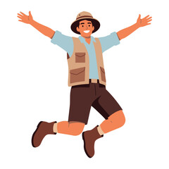 Joyful Explorer's Leap: A vibrant illustration showcases a cheerful explorer, filled with boundless enthusiasm, leaping into adventure, spreading arms wide against the unseen wonder