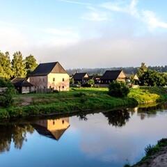 Obraz premium Rural Village by River at Dawn