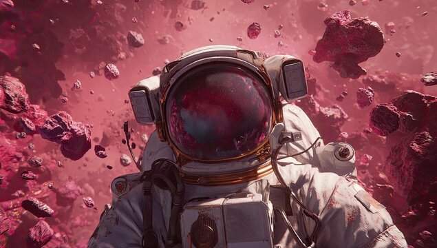 Astronaut in a vibrant, pink asteroid field