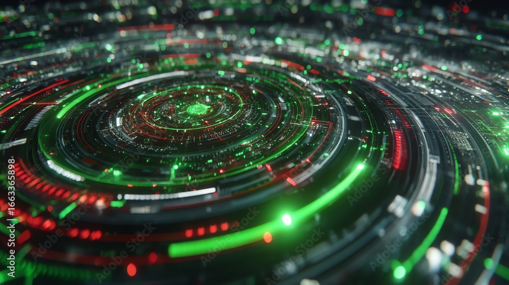 Fototapete an abstract digital vortex of vibrant green and red light swirls in concentric circles, creating a m