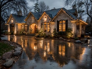 Fototapeta premium Beautiful photograph of a modern brick home at dusk, elegantly decorated with warm, glowing Christmas lights along the roofline, shimmering on the wet driveway after a gentle rain.