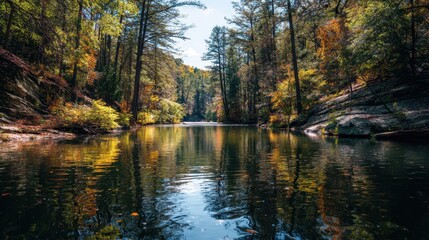 Fototapeta premium Serene autumn landscape reflecting vibrant colors in a tranquil forested river