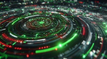 An abstract digital vortex of vibrant green and red light swirls in concentric circles, creating a mesmerizing and futuristic visual experience, evoking a sense of technological complexity.